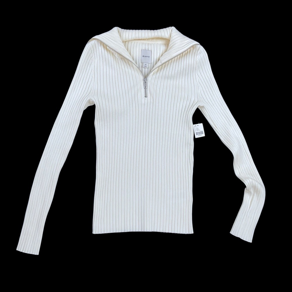 Maeve Sweater Women XS Ivory Long Sleeve 1/4 Zip Ribbed Collar Anthropologie NWT